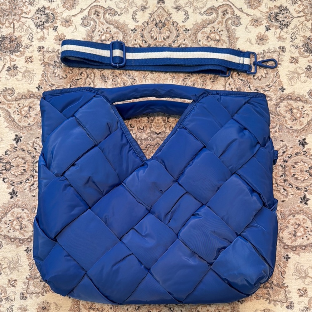 Royal Blue Quilted Shoulder Bag with Striped Strap